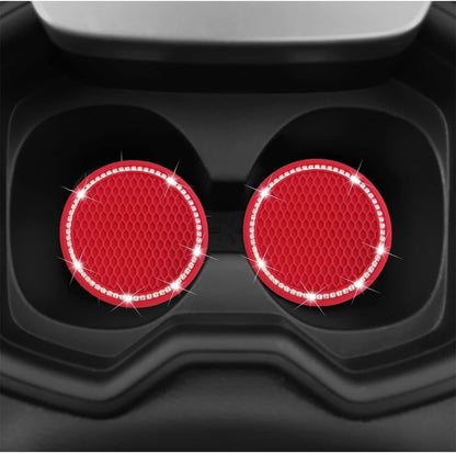 2 Car Cup Holder Coaster and 1 Crystal Rhinestone Engine Push Start Stop Button Cover Decoration, Interior Accessories for Women, Sticker Bling Ignition Ring (Blingred)
