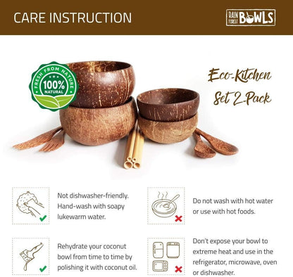 Rainforest Bowls Eco-Kitchen Set 2-Pack - Small & Jumbo Original Coconut Bowls + Coconut Wood Utensils + Bamboo Straws - Earth-Friendly, 100% Natural - Zero-Waste Gift for Green Kitchens