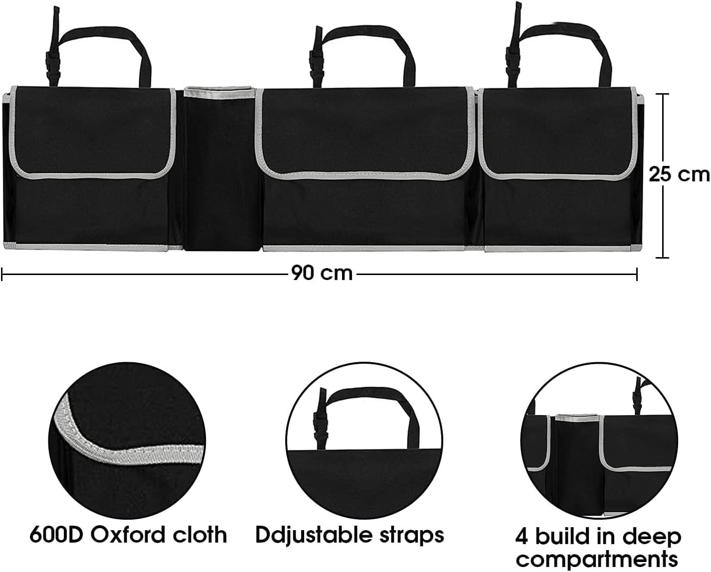 HENWUBEI Backseat Trunk Organizer - Car Hanging Organizer Foldable Seat Back Cargo Storage Space Saving Bag with Adjustable Straps Large Pockets Durable Cover for SUV Van MPV Most Vehicles Black