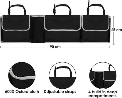 HENWUBEI Backseat Trunk Organizer - Car Hanging Organizer Foldable Seat Back Cargo Storage Space Saving Bag with Adjustable Straps Large Pockets Durable Cover for SUV Van MPV Most Vehicles Black