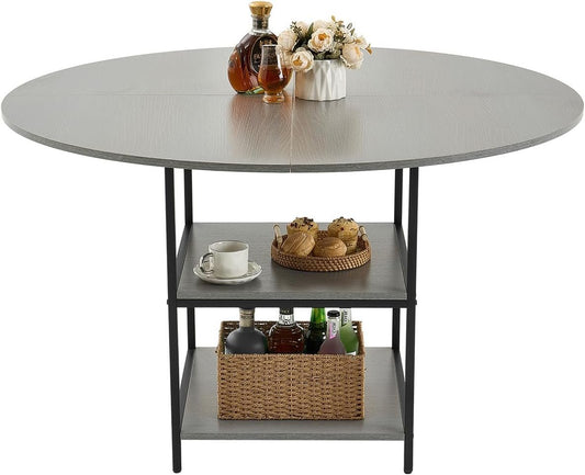 VEVOR Round Dining Table, 47 inch Wood Table for 2-4 Person, Modern Circle Dinner Furniture, Leisure Tables with Storage Shelf and Metal Legs, for Home Kitchen Living Room, Grey (Only Table)
