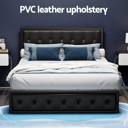 Artiss Queen Bed Frame Platform Tufted Headboard Frames Gas Lift Beds Base with Storage Space Bedroom Room Decor Home Furniture, Upholstered with Black PVC Leather + Foam + Wood