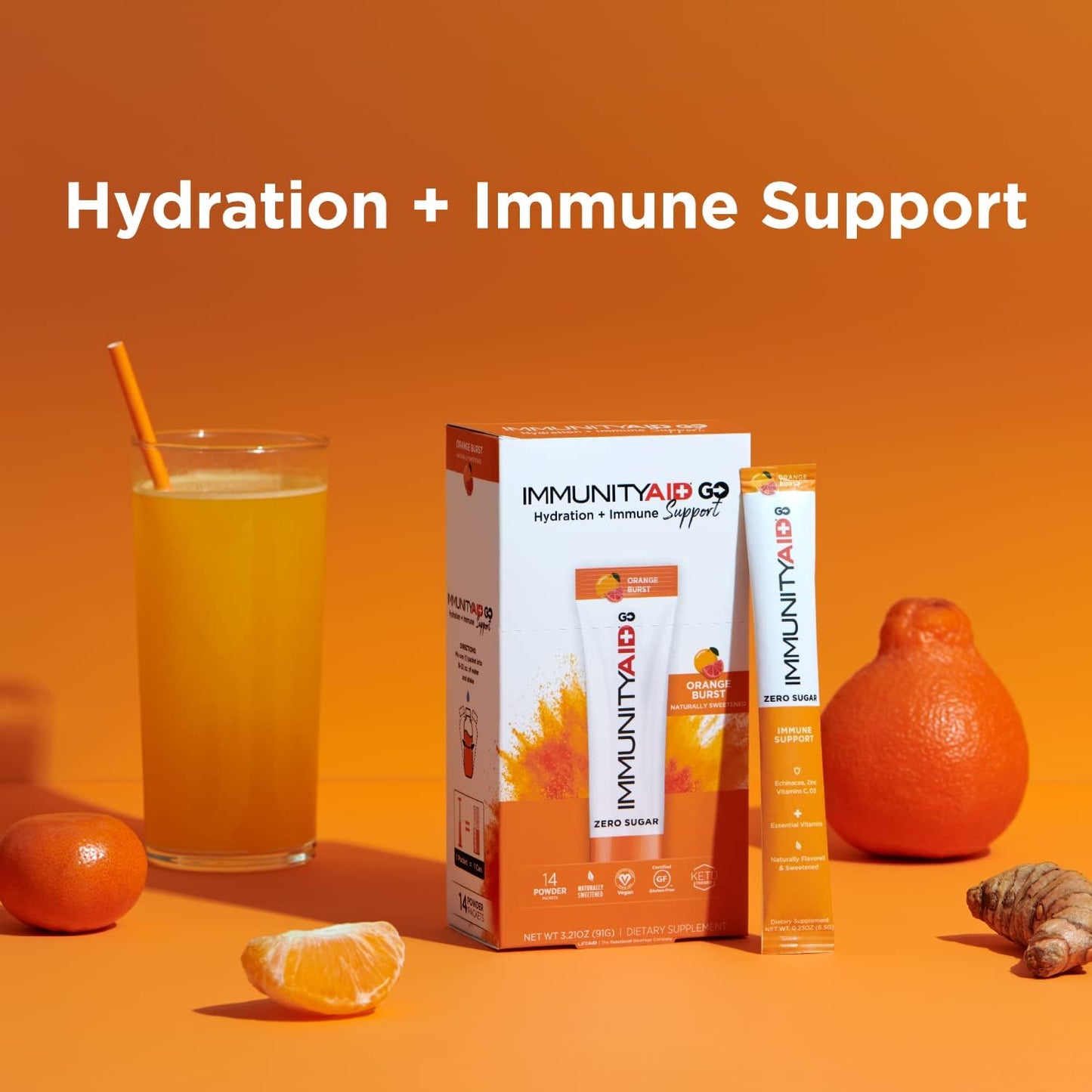 LIFEAID IMMUNITYAID GO! ZERO SUGAR Immunity + Hydration Packet, Vitamin C, Echinacea, Zinc, Astragalus Root, Keto-friendly, Vegan & Gluten-Free, 5 calories, Naturally Sweetened, No Caffeine, 20 Pack