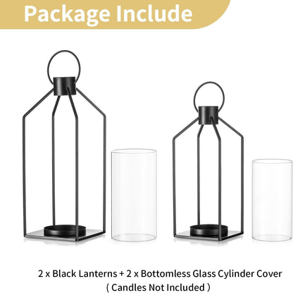 Nuptio Decorative Lantern Candle Holder: 2 Pcs Glass Hurricane Pillar Candles Holders Rustic Black Metal Hanging Lanterns Decor for Outdoor Wedding Farmhouse Home Fireplace Christmas Halloween