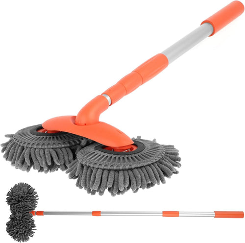 Car Wash Mop Brush with Long Handle, 360Â° Rotating Car Detailing Mop, Double Head Telescopic Car Wash Brush, Microfiber Absorbent Car Wash Brush Car Wash Kit, Scratch-Free for Car Window Home Cleaning