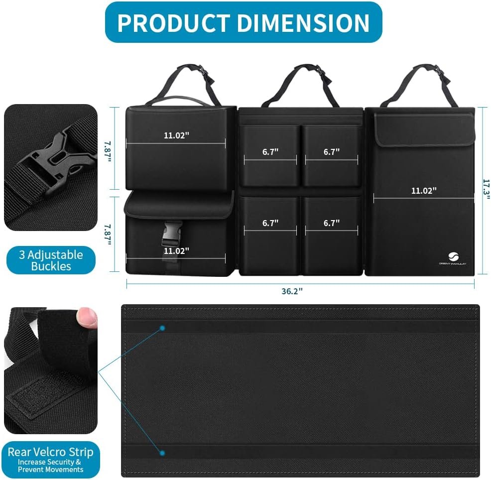 Car Trunk Organizer With Cooler, Hanging Car Organizers With Large Pockets, Zippers Detachable Seat Back Organizer, Waterproof for Jeeps, SUVs, Black