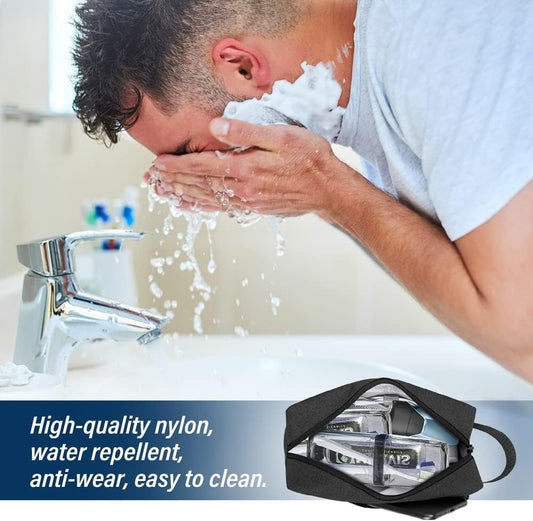 Waterproof Toiletry Bag for Men - Travel Shaving & Cosmetic Organizer with Handle, Portable Gym Shower Bathroom Essentials Bag, Durable Water-Resistant Toiletries Accessories (Black)