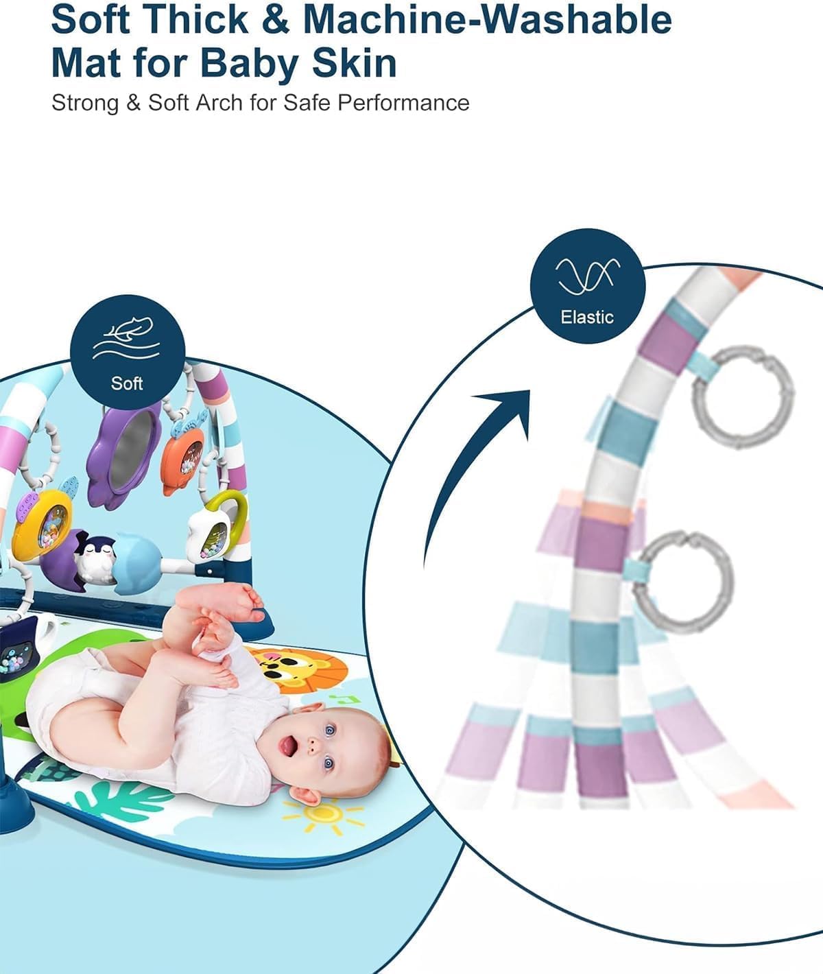 Veraste Baby Play Mat Baby Gym,Funny Play Piano Tummy Time Baby Activity Mat with 5 Infant Sensory Baby Toys, Music and Lights Boy & Girl Gifts for Newborn Baby 0 to 3 6 9 12 Months（New Blue）