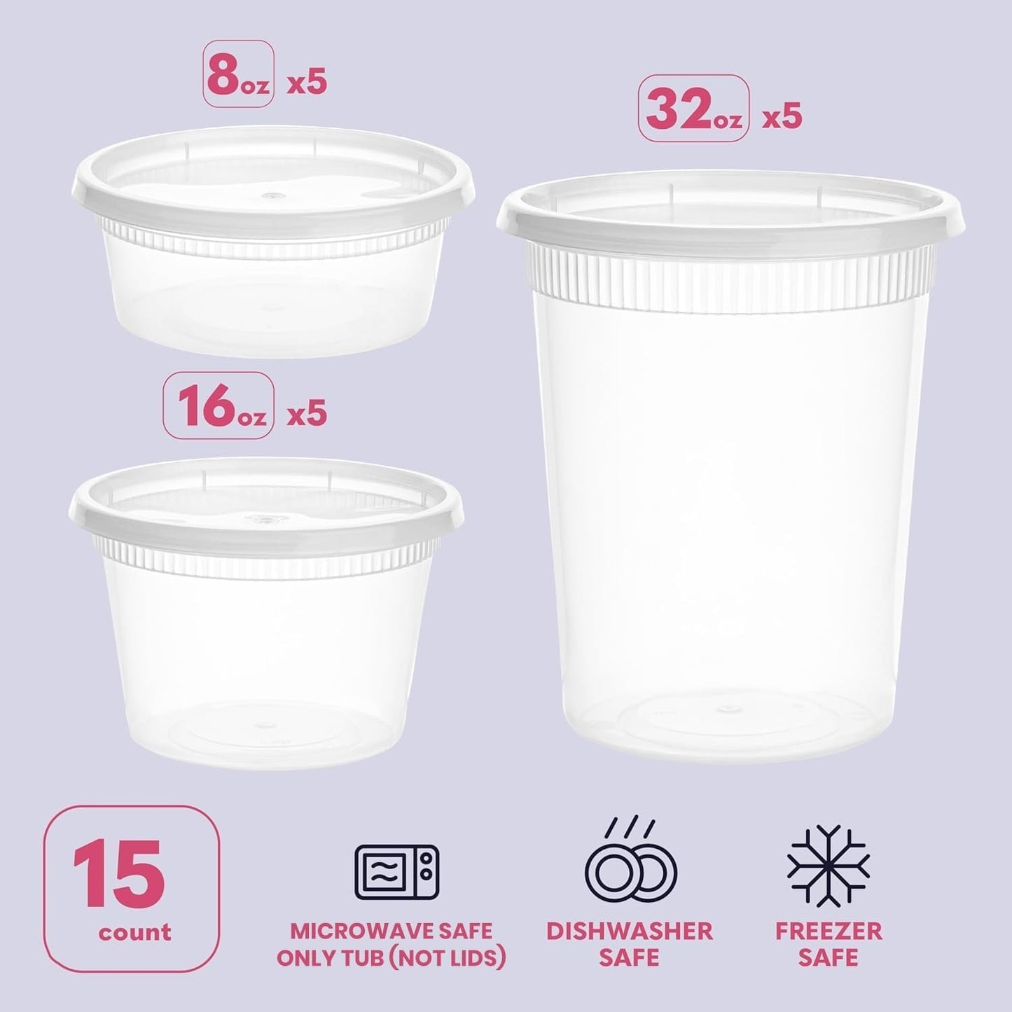 Food Storage Containers With Lids - [15 Pack] - (8, 16, & 32 Oz) - Plastic Deli Containers With Lids Variaty Pack - Soup Containers With Airtight Lids - Freezer & Dishwasher Safe