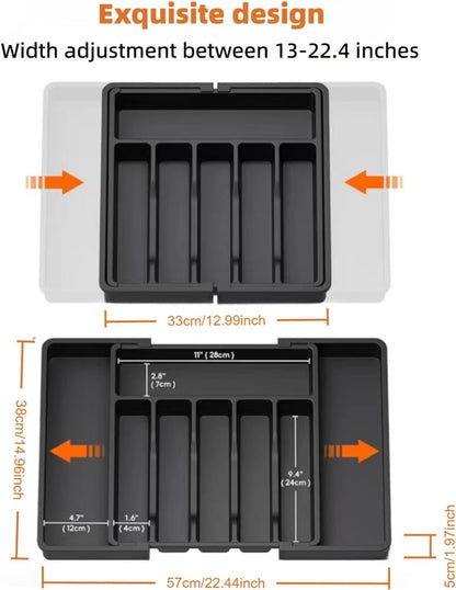 VEHIRANS Cutlery Utensil Drawer Organizer, Expandable Utensil Tray for Kitchen, Silverware Holder, Adjustable Plastic Storage for Spoons Forks Knives, Organizers and Storage,Large (Black)