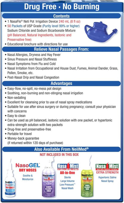 NeilMed NasaFlo Unbreakable Neti Pot with 60 Premixed Packets