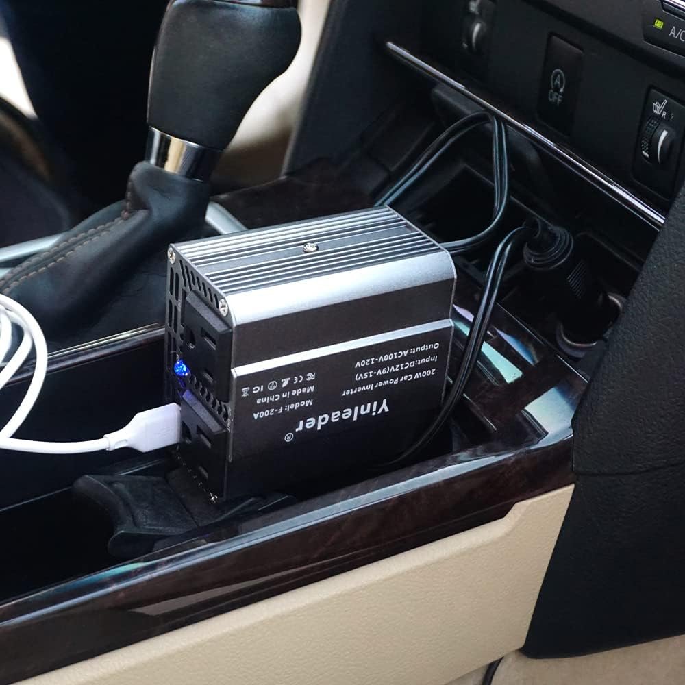 Yinleader 200W Car Power Inverter DC 12V to 110V AC Car Plug Adapter with Dual 3.1A USB Ports and 2 AC Outlets, Cigarette Lighter Adapter, Grey