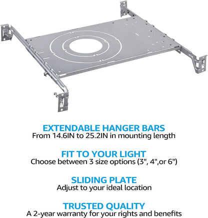 TORCHSTAR New Construction Mounting Plate, 3/4/6 Inch LED Recessed Lighting Kits, Compatibility Upgrade, Extendable Hanger Bars, Shallow Recessed Light Housing, Pack of 6