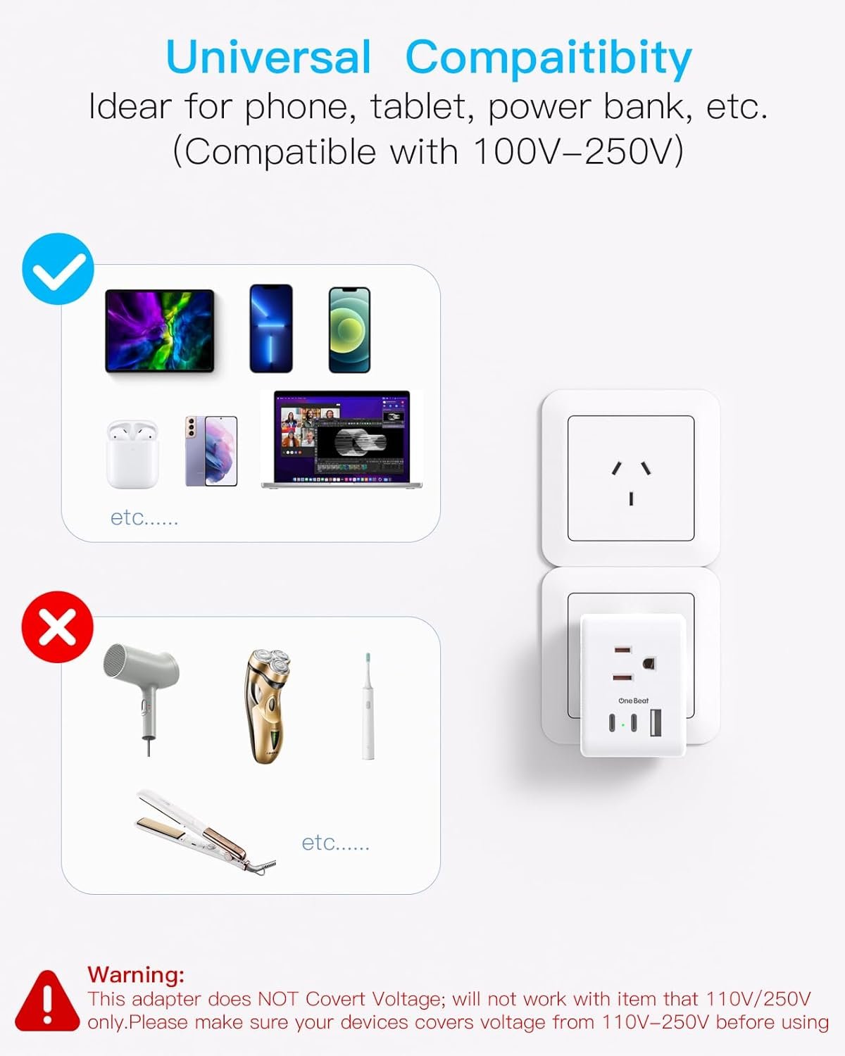 Australia New Zealand Power Plug Adapter, Canada to Australia Travel Adapter with 3 Outlets 3 USB Charging Ports (2 USB C), Type I International Power Plug Adapter