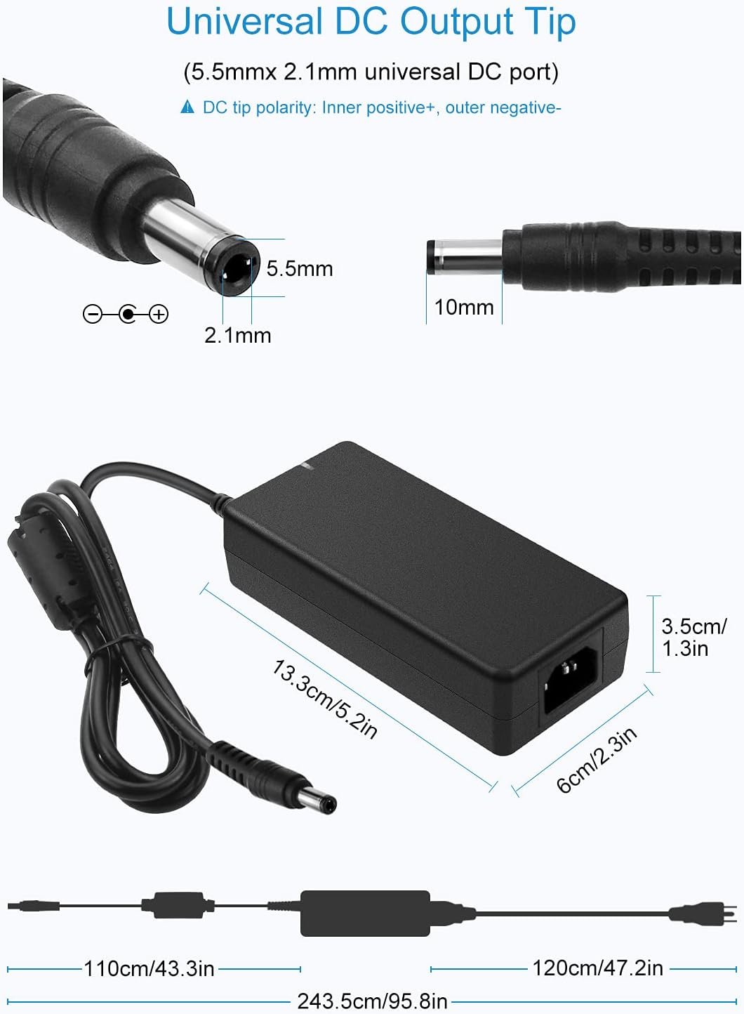 ALITOVE 24V Power Supply 4A 96W AC/DC Adapter 100-240V AC to DC 24 Volt Converter 4amp 3.75A 3.5A 3.3A 3.2A Transformer 5.5x2.5mm for LED Strip CCTV Camera LCD Monitor Massage Chair