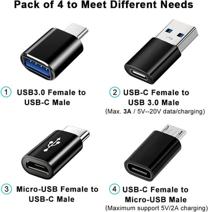 USB C Adapters 4 Pack, USB C to USB 3.0 OTG Adapter, Micro USB to USB C Adapter Compatible with MacBook Pro, Samsung Galaxy, Smartphones, Laptops, PC, in Car and More
