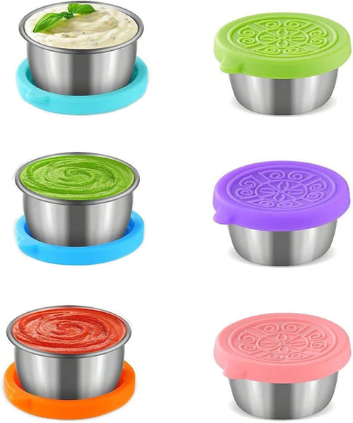 Gnicaela 6-Pack Salad Dressing Food Storage Containers with Leakproof Silicone Lids, 50ml Stainless Steel Condiment & Dipping Sauce Cups Ideal for Lunch Bento Boxes