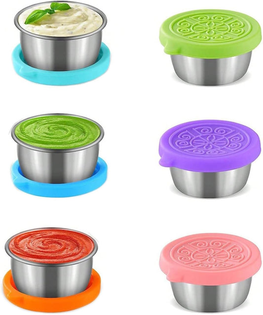 Gnicaela 6-Pack Salad Dressing Food Storage Containers with Leakproof Silicone Lids, 50ml Stainless Steel Condiment & Dipping Sauce Cups Ideal for Lunch Bento Boxes