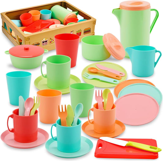 JQLM Pretend Play Kitchen Accessories Toys Set,Plastic Dishes Toy Set Include Plates&Teapot&Cups&Forks& Knife&Carry Basket,Pretend Cooking Accessories,Gifts for 2 3 4 5 6 Years Old Girls Boys Toddler