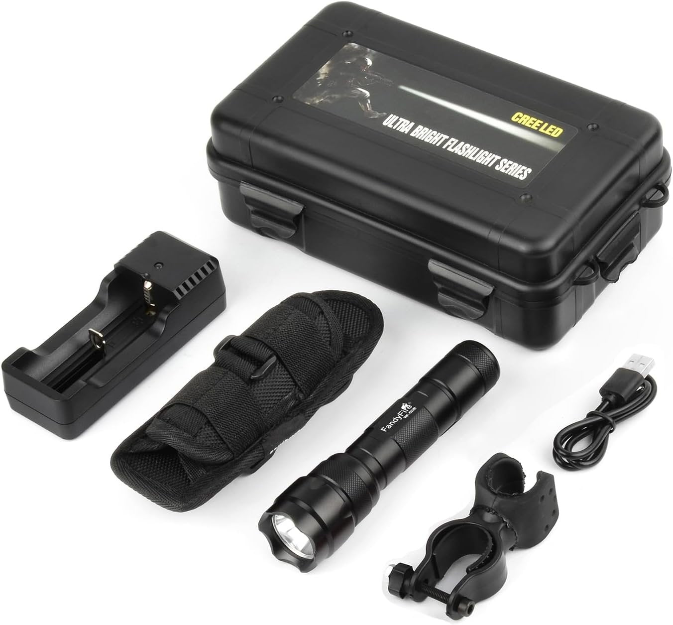 FandyFire LED Tactical Flashlight, 1000 High Lumens 5 Modes Flashlight Torch with Duty Belt Flashlight Holster, Bicycle Mount, USB Charger WF-502B
