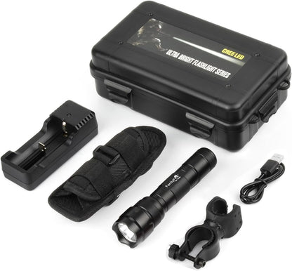 FandyFire LED Tactical Flashlight, 1000 High Lumens 5 Modes Flashlight Torch with Duty Belt Flashlight Holster, Bicycle Mount, USB Charger WF-502B
