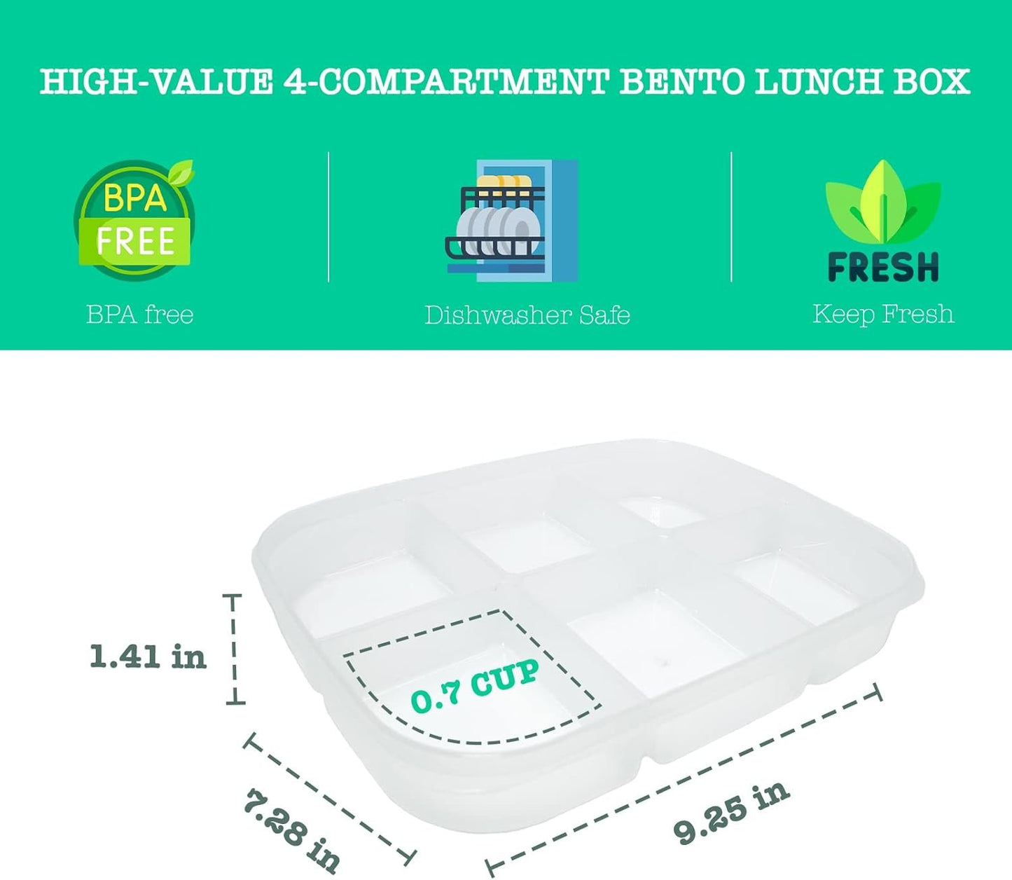 TeTeBak Bento Box - 6-Compartment Reusable Bento Lunch Box for School, Work, and Travel, Food Prep Containers, Snack Containers for Kids, Portion Control Bento Lunch Box for adult, Set of 2, Clear