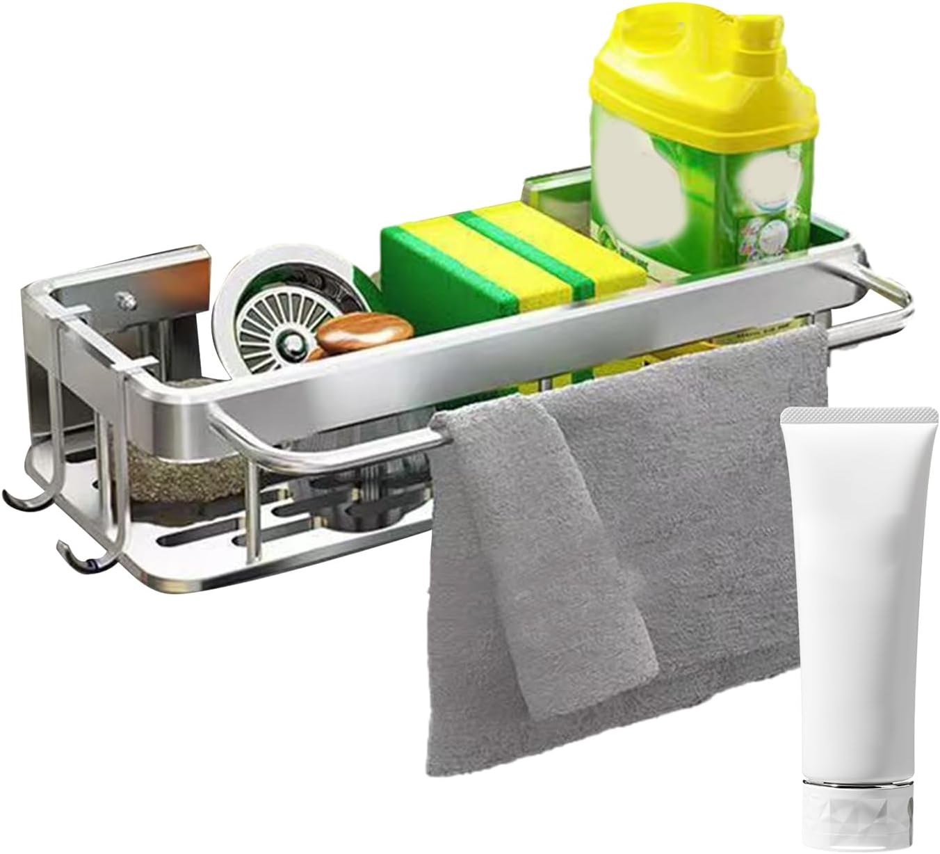 Gvblkq Kitchen Sink Organizer, Sponge Rack, No Drilling Installation, Compact Storage Basket, Brush Holder Design, Rust Resistant Material, for Sponges, Wipes, Cleaning Solution, 30.5x13x5.5cm
