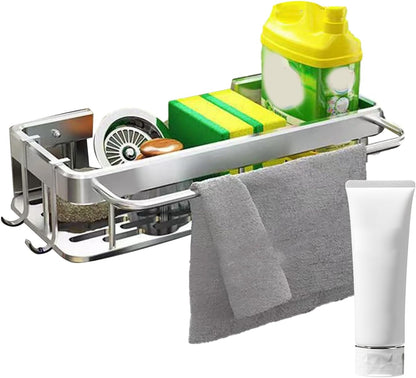 Gvblkq Kitchen Sink Organizer, Sponge Rack, No Drilling Installation, Compact Storage Basket, Brush Holder Design, Rust Resistant Material, for Sponges, Wipes, Cleaning Solution, 30.5x13x5.5cm