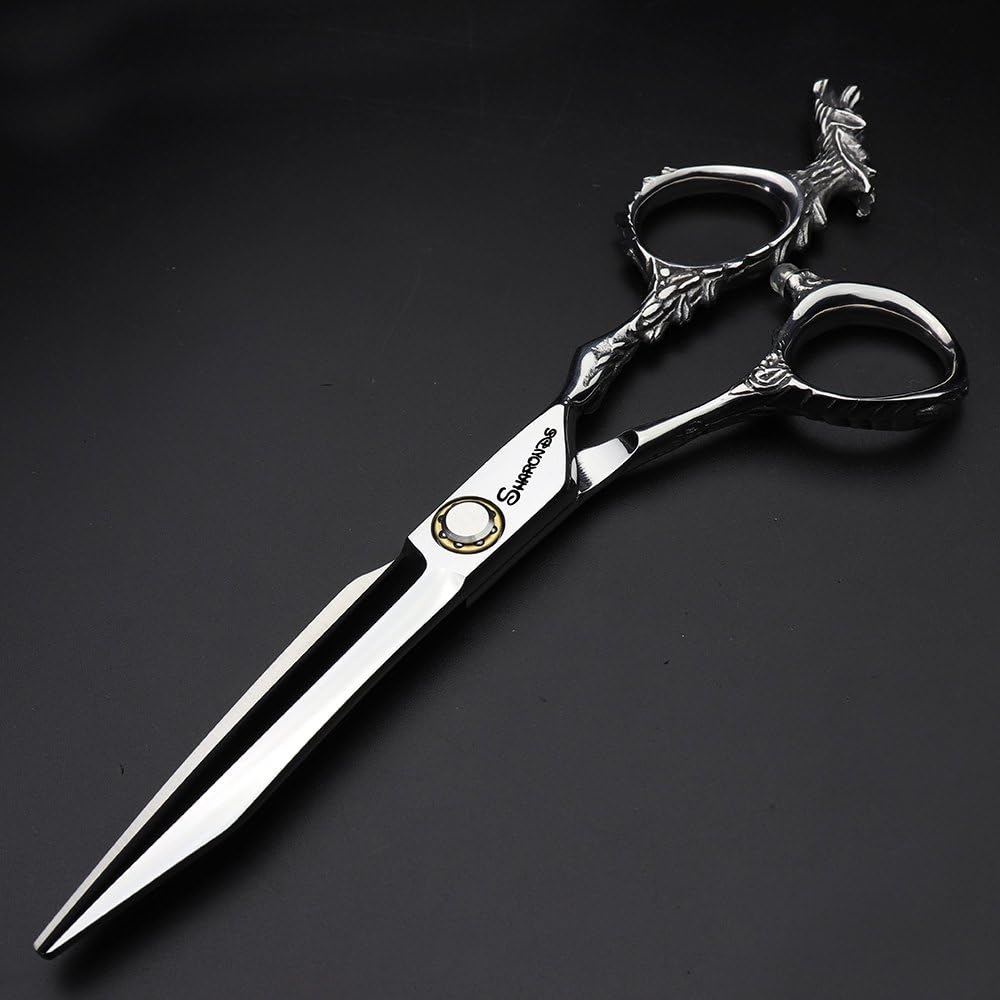 6 Inch Study Hairdressing Styling Scissors Professional Hairdressing Scissors Japan Chinese Dragon Design Shank Scissors Tools(Flat Cut 6 Inch-D)