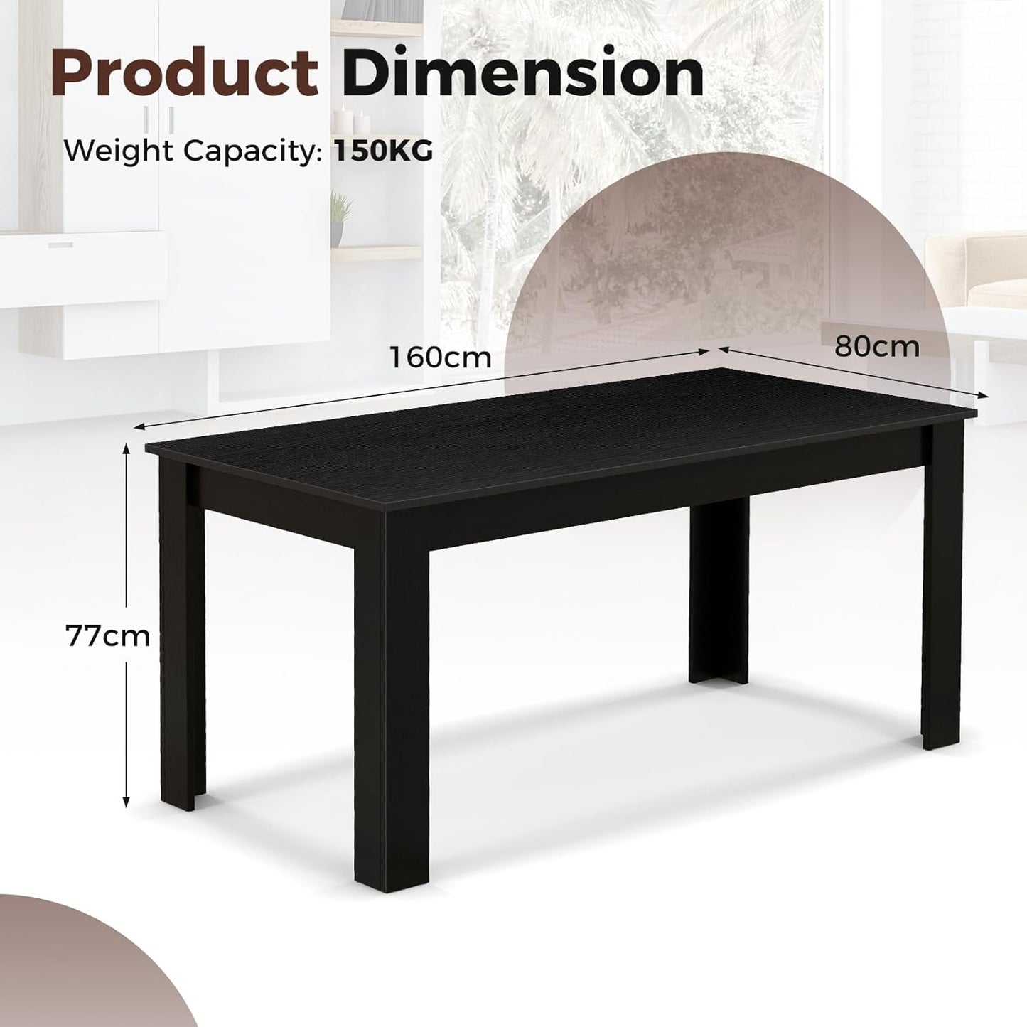 Giantex 160 CM Dining Table, Rectangular Dining Table with Sturdy L-Shaped Legs, Modern Kitchen & Dining Room Table, Seats up to 8, Black Finish