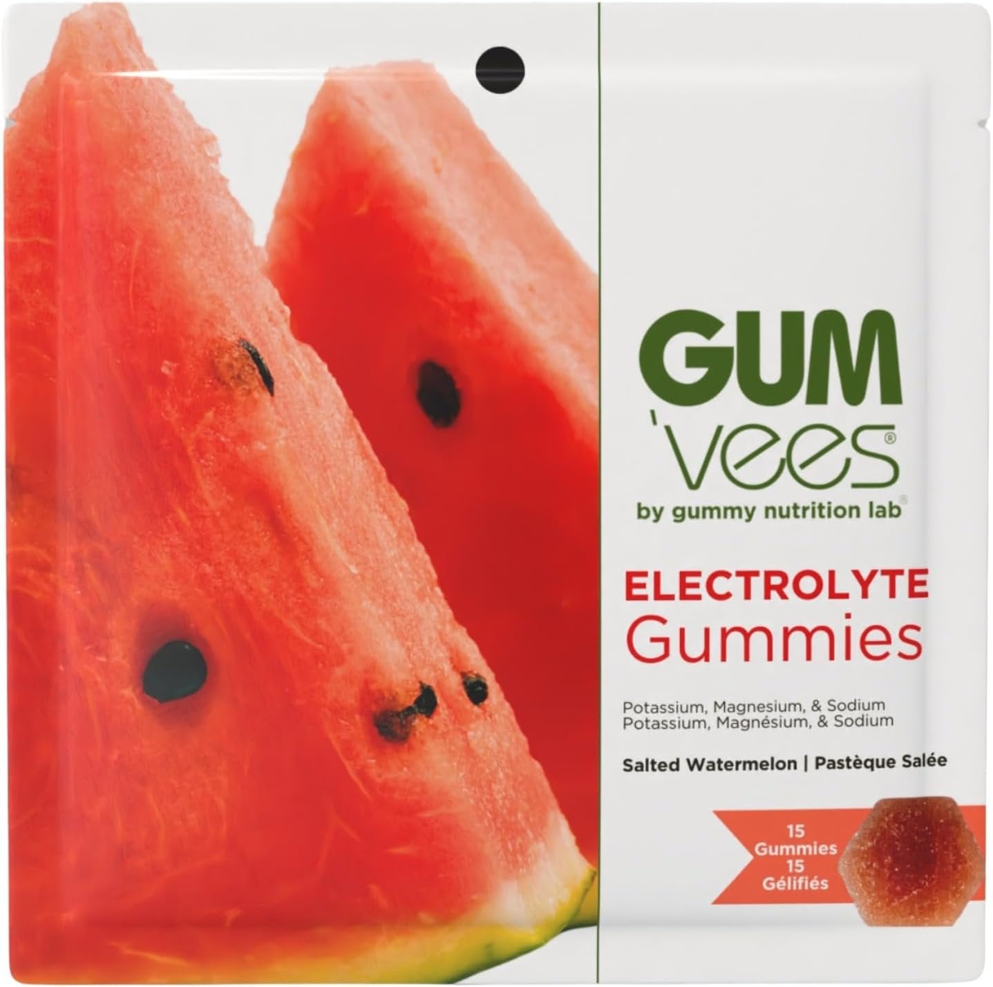 Gum'vees by Gummy Nutrition Lab Electrolyte Gummies | Made in Canada | Hydration & Energy Boosting Supplement | 12 Snack Bags of 15 gummies | Magnesium, Potassium, and Sodium | Salted Watermelon Flavor