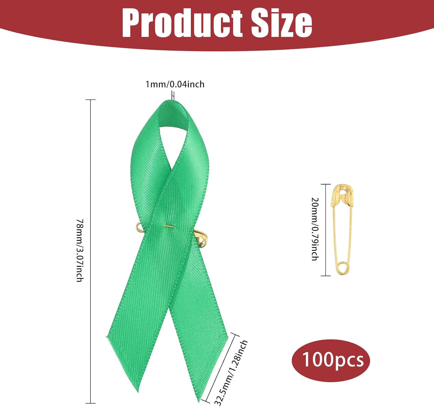 GLOBLELAND 100Pcs Mental Health Awareness Ribbon Green Satin Ribbon Lapel Pins for Charity Events Ribbons with Safety Pins for Women Men