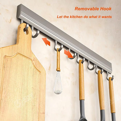 LNGFSH 2 Pieces Wooden Iron Kitchen Utensil Holder Bar Kitchen Knife Holder No Holes Needed for Bathroom Gadgets, Frying Pans, Cups (Grey, with 10 Hook 50 cm)