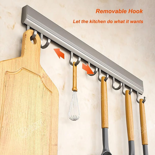 LNGFSH 2 Pieces Wooden Iron Kitchen Utensil Holder Bar Kitchen Knife Holder No Holes Needed for Bathroom Gadgets, Frying Pans, Cups (Grey, with 10 Hook 50 cm)