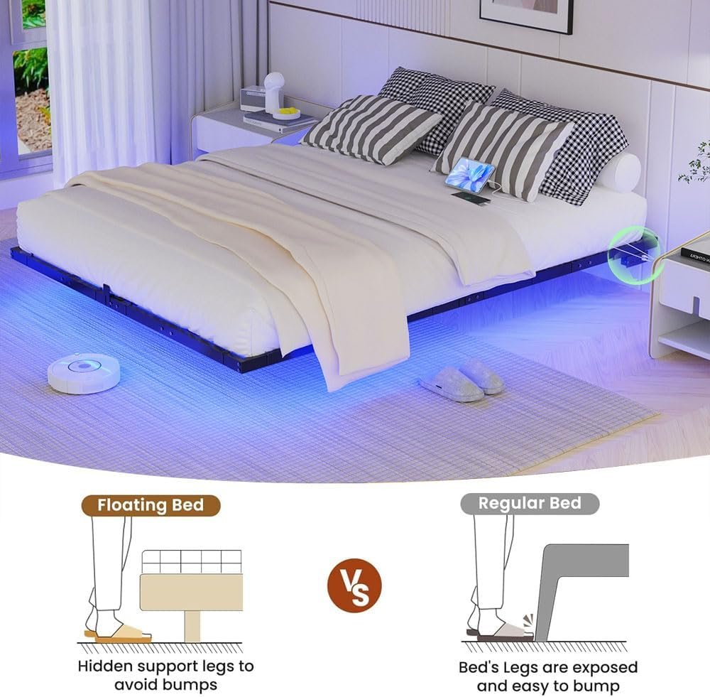 SANGMUCEN Floating Full Bed Frame with LED Lights & USB Charging Station, Metal Platform Bed Frame Full Size, No Box Spring Needed, Steel Slat Support, Anti-Noise Foam Stickers, Easy to Assemble