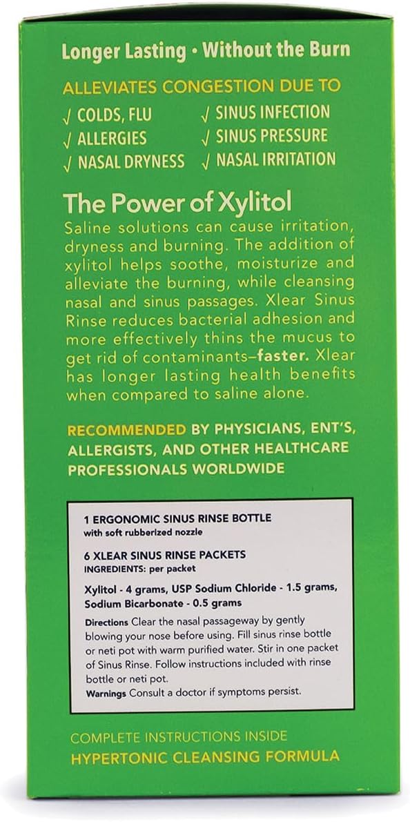 Xlear Nasal Rinse System with Xylitol, Natural Saline Neti Pot Sinus Rinse with Xylitol, Fast Sinus Pressure and Congestion Relief, 1 Rinse Bottle