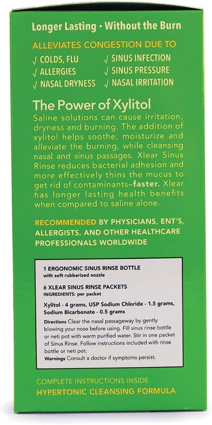 Xlear Nasal Rinse System with Xylitol, Natural Saline Neti Pot Sinus Rinse with Xylitol, Fast Sinus Pressure and Congestion Relief, 1 Rinse Bottle