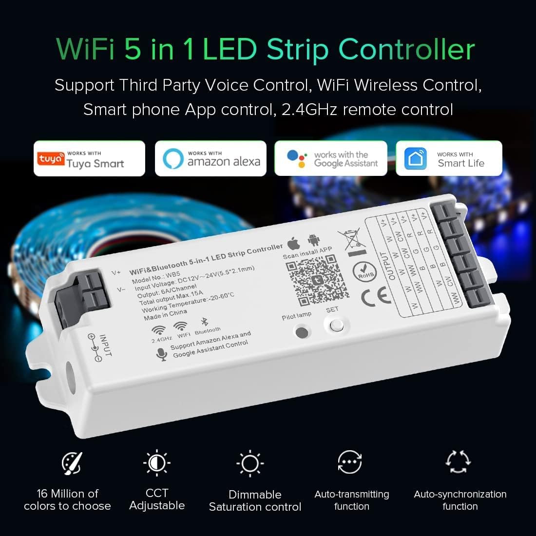 BTF-LIGHTING 5in1 WB5 2.4GHz Tuya WiFi PWM LED Controller Compatible with Alexa Google Home Smart Life Tuya Smart APP Control for Dimming CCT RGB RGBW RGBCCT LED Strip Works with WR01RF WR02RF