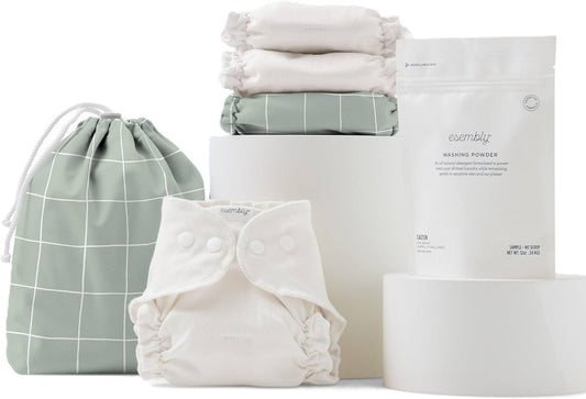 Esembly Cloth Diaper Try-It Kit, Starter Gift Set, Includes 3 Organic, Reusable Diapers Inners, 1 Stylish Outer, Patented Detergent & Wet Bag - Earth-Friendly Diapering, Lattice, Size 1 (7-18lbs)