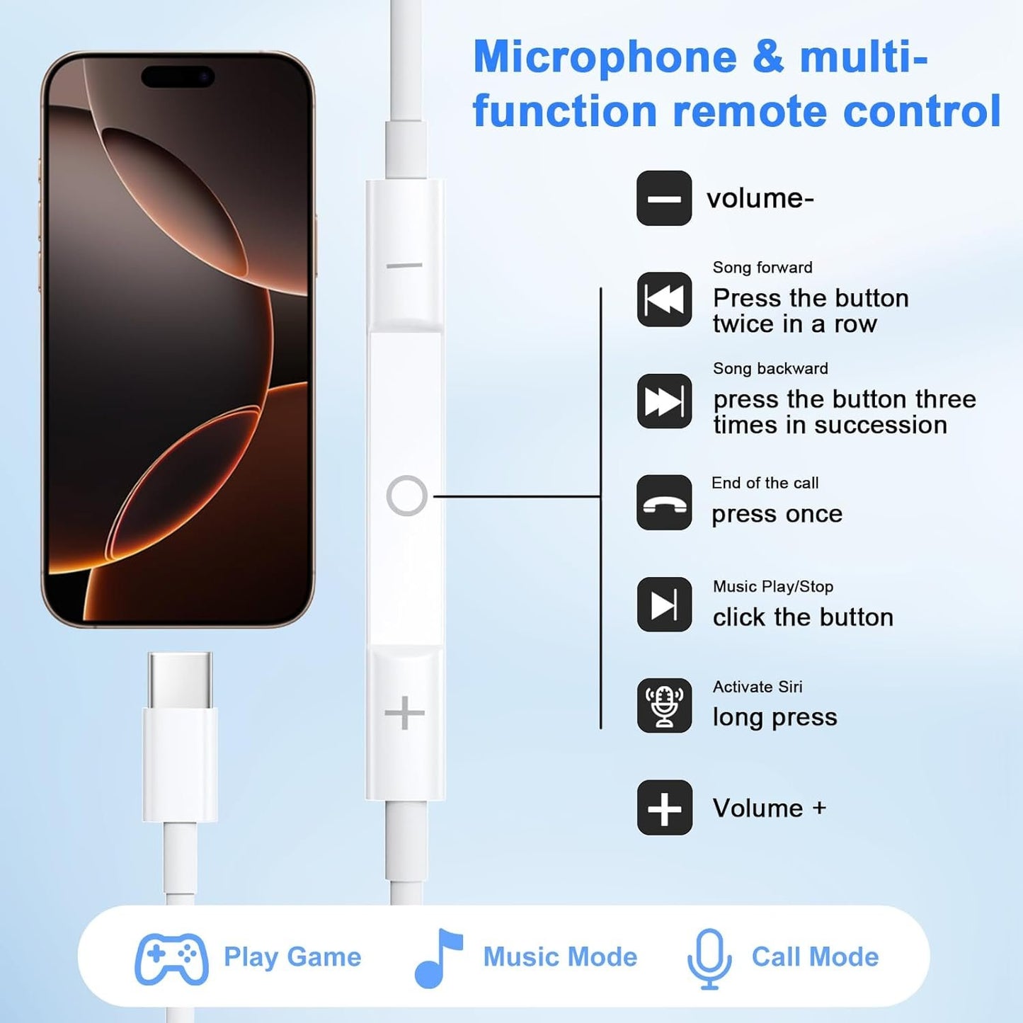 USB C Headphones,Wired Headphones HiFi Stereo Earphones with Microphone and Volume Control, in-Ear Earbuds Wired Earphones for iPhone 16/15/Pro/iPad/Google Pixel Samsung