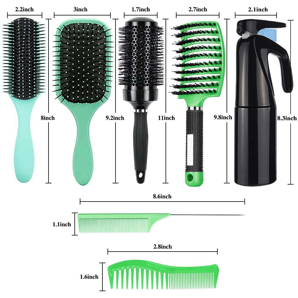 Aozzy 9Pcs Curly Hair Brush Set, Hair Brushes for Women, Round Brush for Blow Drying, Paddle Brush, Fit for Detangling Wet Long Thick Hair, Spray Bottle for Curly Wavy Hair, Family Daily Care（Green）