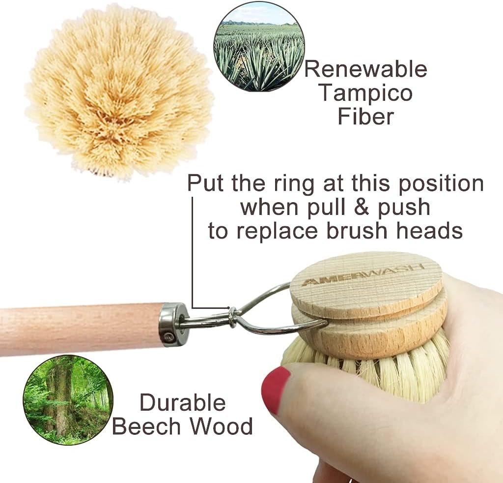 AMERWASH PLUS Dish Brush with Wooden Handle, Natural Kitchen Brush for Dishes Vegetable, Pots and Pans, Tampico Fiber Bristles Scrubber, Extra 3 Pack Replacement Head Included