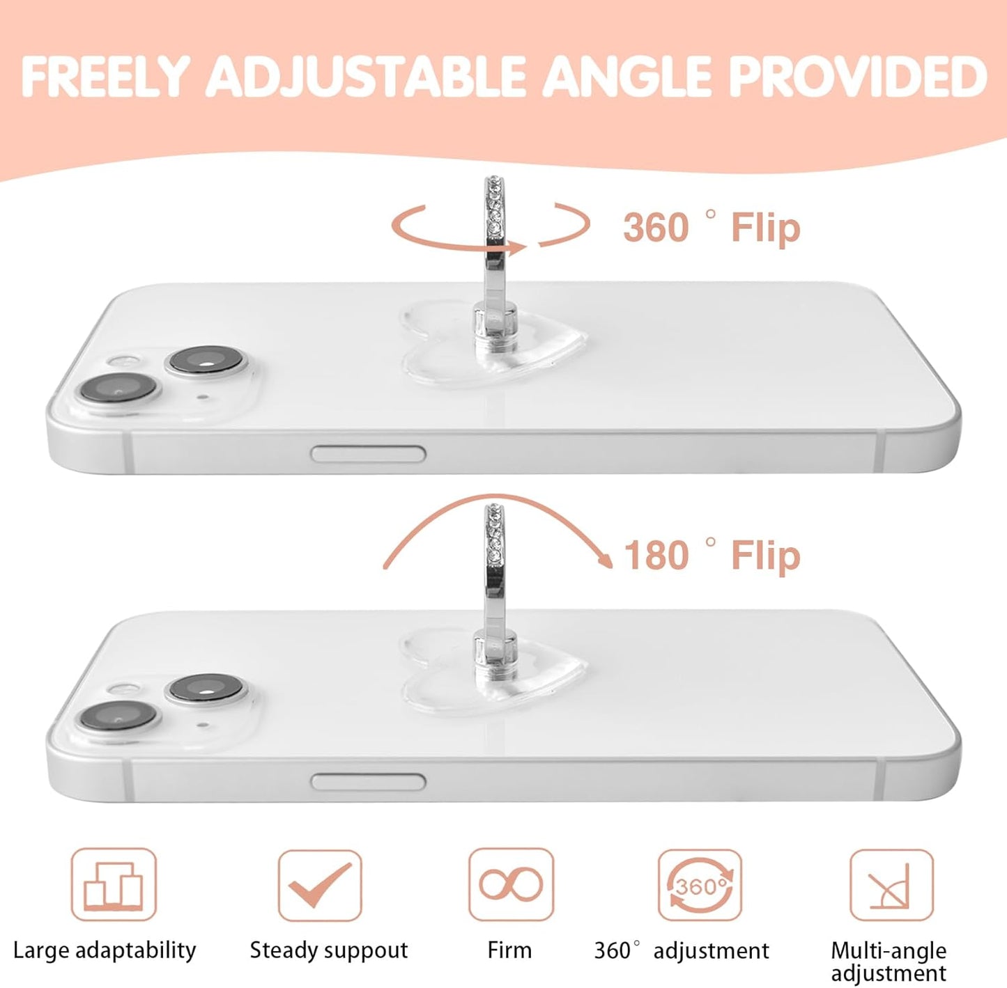 Transparent Clear Phone Ring Grips Holder Kickstand, 2 Pcs 360 Degree Rotation Heart with Diamond Phone Finger Holde, Finger Ring Stand for Cell Phone Tablet Case Accessories
