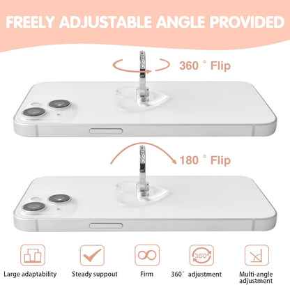 Transparent Clear Phone Ring Grips Holder Kickstand, 2 Pcs 360 Degree Rotation Heart with Diamond Phone Finger Holde, Finger Ring Stand for Cell Phone Tablet Case Accessories