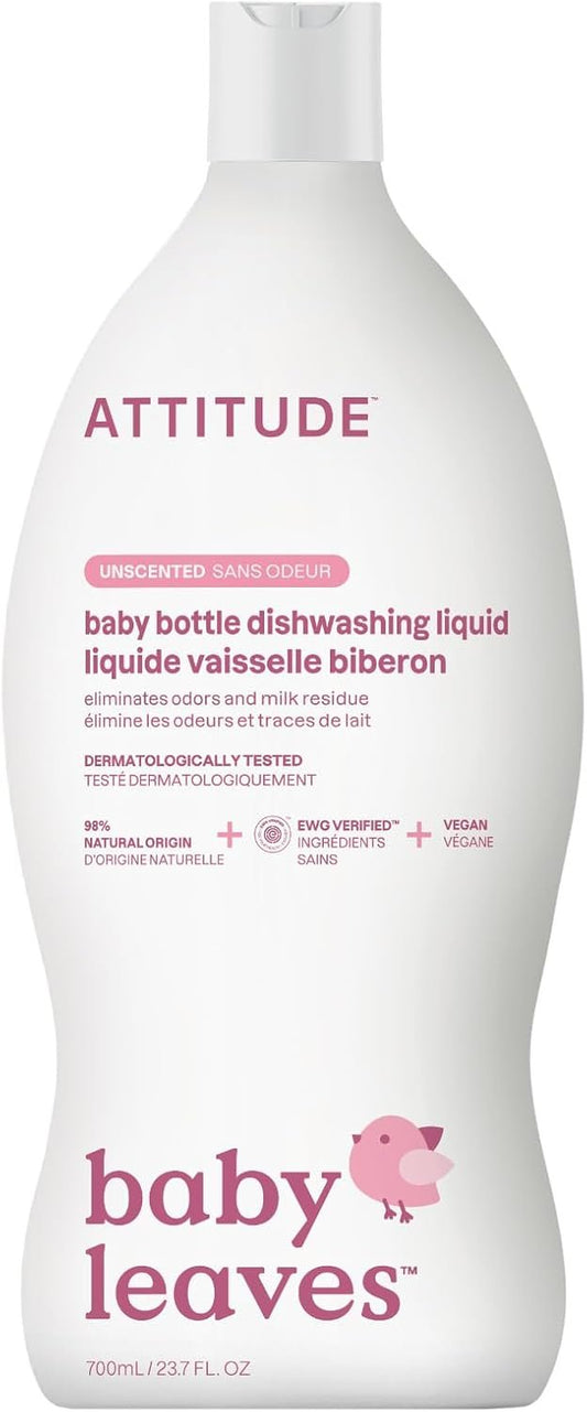 ATTITUDE Baby Dish Soap and Bottle Cleaner, Made in Canada, EWG Verified Dishwashing Liquid, No Added Dyes or Fragrances, Tough on Milk Residue and Grease, Vegan, Unscented, 700 mL