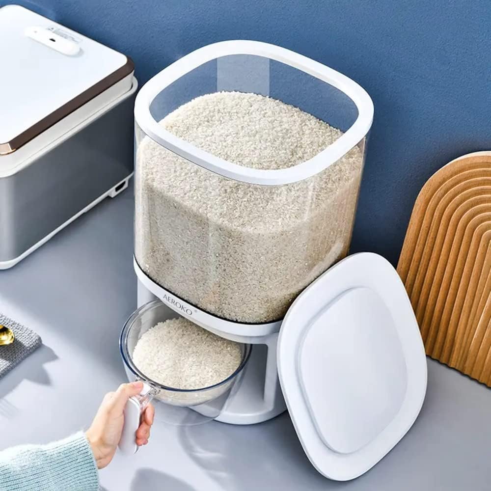 AEROKO Rice Dispenser, 5KG Dry Food Grain & Cereal Storage Container with Measuring Cup, Large Capacity Rice Dispenser for Organising Home, Kitchen & Pantry, White