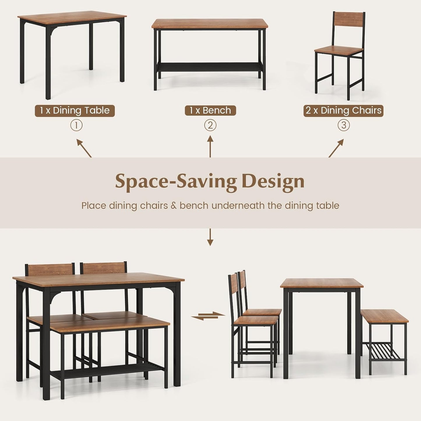 Giantex 4Pcs Dining Table Set, 1 Table & 1 Bench & 2 Chairs, Space-Saving Kitchen Set, Metal Frame & Storage Shelf, Industrial Desk Chair Set for Gathering Kitchen Dining Room Restaurant