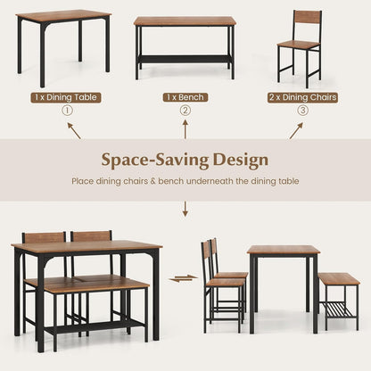 Giantex 4Pcs Dining Table Set, 1 Table & 1 Bench & 2 Chairs, Space-Saving Kitchen Set, Metal Frame & Storage Shelf, Industrial Desk Chair Set for Gathering Kitchen Dining Room Restaurant