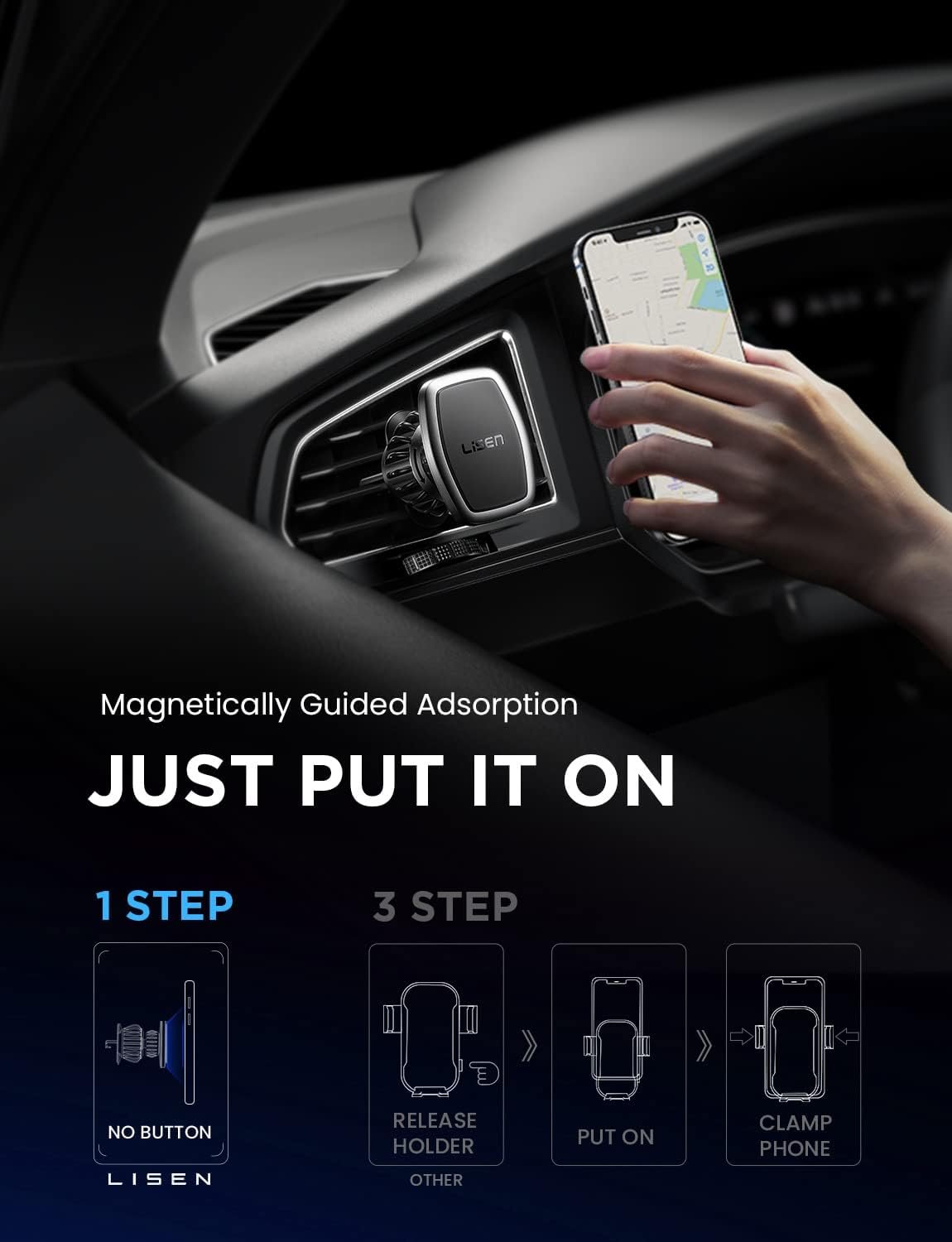 LISEN Magnetic Phone Holder Car Vent 2 Pack 6 Strong Magnets Car Vent Phone Holder Magnetic Hands-Free Cell Phone Holder Magnetic Car Mount Fit 4-7in iPhone 16 15 14 Pro Max Plus All Phones