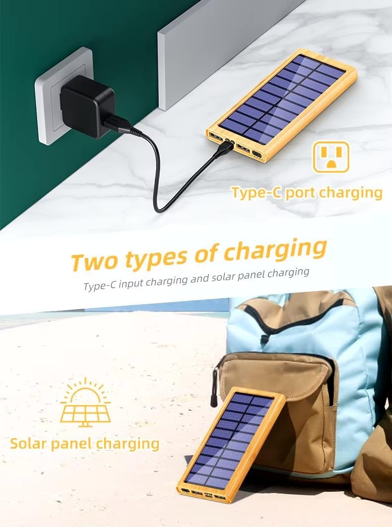 BamBoost Solar Charger Power Bank Bamboo Design - 36800mAh Power Bank, Portable Charger Eco Friendly External Battery Pack PD 22.5W and QC 3.0 Fast Charging Super Bright Flashlight Phone Charger